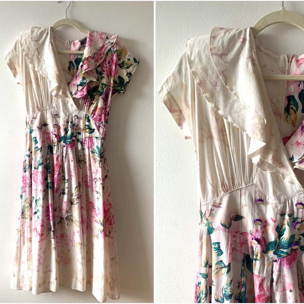 80s 90s Asymmetrical Bleach Dyed Floral Summer Dress, 80s does 40s, Sz Med